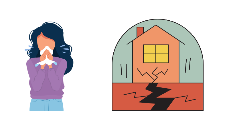 くしゃみをする人と地震で被害を受ける家のイメージ